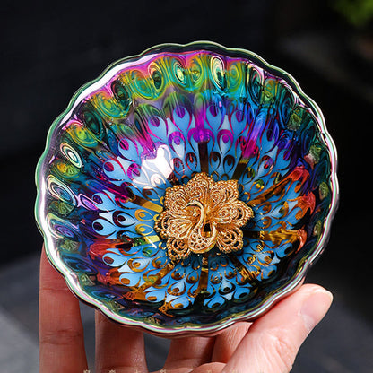 Mythstone Vivid Peacock Lotus Gold Inlaid Design Colorful Chinese Jianzhan Ceramic Teacup Kung Fu Tea Cup