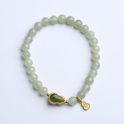 Mythstone 925 Sterling Silver Plated Gold Natural Hetian Jade Bead Gourd Lotus Bamboo Fu Character Luck Bracelet