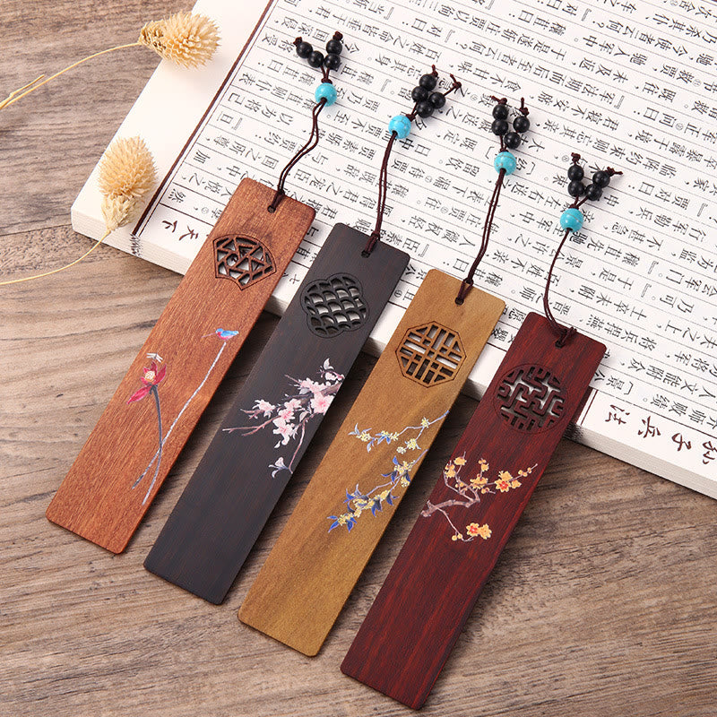 Mythstone 4Pcs Four Seasons Plum Orchid Bamboo Chrysanthemum Peking Opera Mask Wood Bookmarks With Gift Box