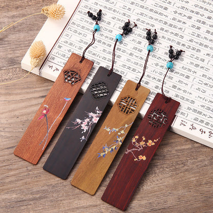 Mythstone 4Pcs Four Seasons Plum Orchid Bamboo Chrysanthemum Peking Opera Mask Wood Bookmarks With Gift Box