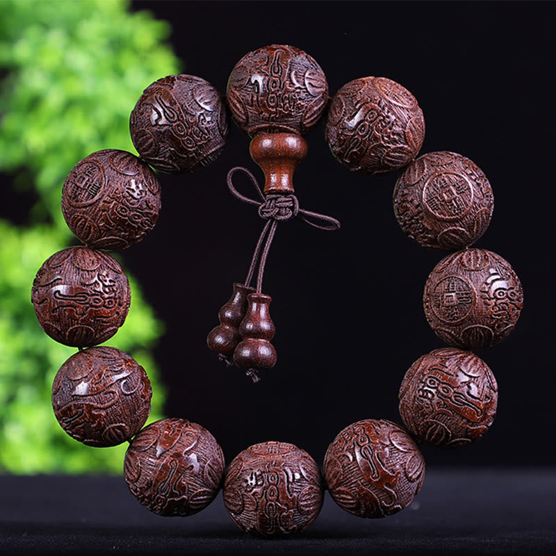 Mythstone Chinese Zodiac Rosewood Ebony Boxwood Copper Coin PiXiu Carved Warmth Bracelet