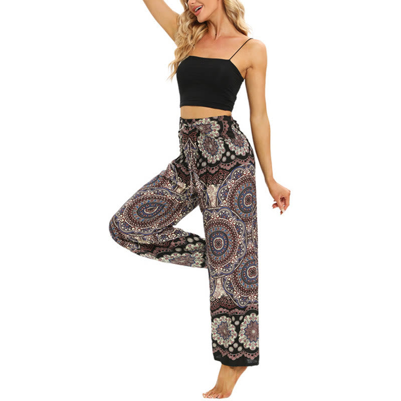 Mythstone Boho Mandala Print Lace-up Wide Leg Pants Women's Yoga Pants