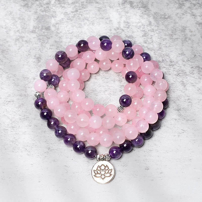 Mythstone Natural Rose Quartz & Amethyst Mala Bead Lotus Pendant Bracelet