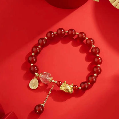 Mythstone Year of the Dragon Dumpling Natural Red Agate Garnet Hetian Jade Fu Character Luck Success Bracelet