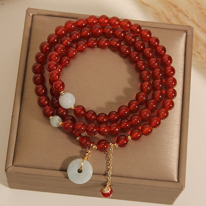 MythStone Natural Red Agate Jade Peace Buckle Calm Triple Wrap Bracelet