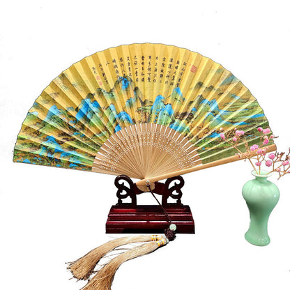 Mythstone A Panorama Of Rivers And Mountains Cranes Orchid Flower Paper Bamboo Handheld Silk Bamboo Folding Fan 22cm