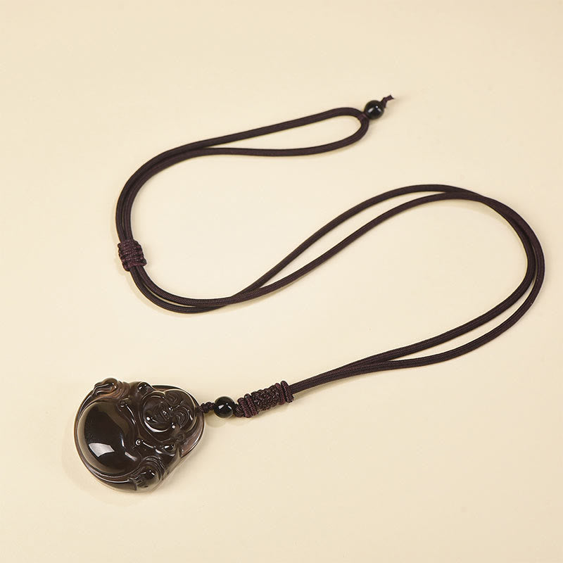 Colgante de collar de purificación de Buda sonriente con obsidiana negra natural y obsidiana de hielo de Mythstone 