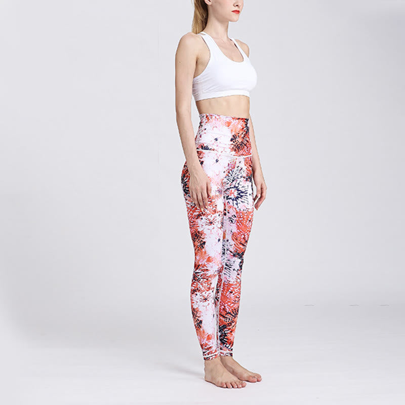 Mythstone Red Pink Flowers Print Sports Fitness Yoga High Waist Leggings Women's Yoga Pants