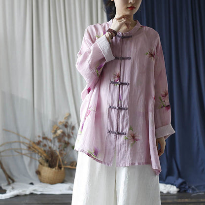 Mythstone Pink Flower Print Frog-button Design Batwing Long Sleeve Ramie Linen Jacket Shirt