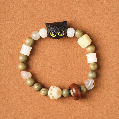 Pulsera de la paz con garra y cabeza de gato y hoja pequeña de sándalo rojo y madera de ébano con semilla de Bodhi y piedra mitológica