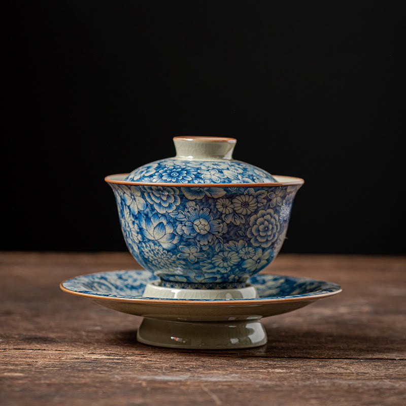 Mythstone Vintage Blue And White Porcelain Peach Blossom Lotus Peony Ceramic Gaiwan Sancai Teacup Kung Fu Tea Cup And Saucer With Lid