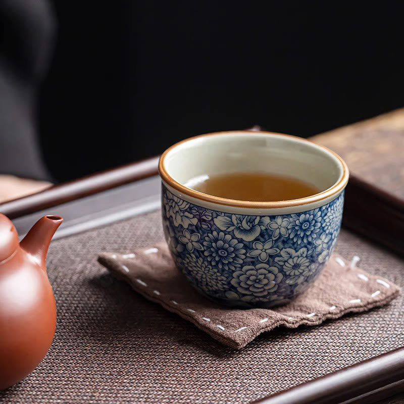 Mythstone Blue Lotus Peach Blossom Chrysanthemum Design Ceramic Teacup Kung Fu Tea Cups