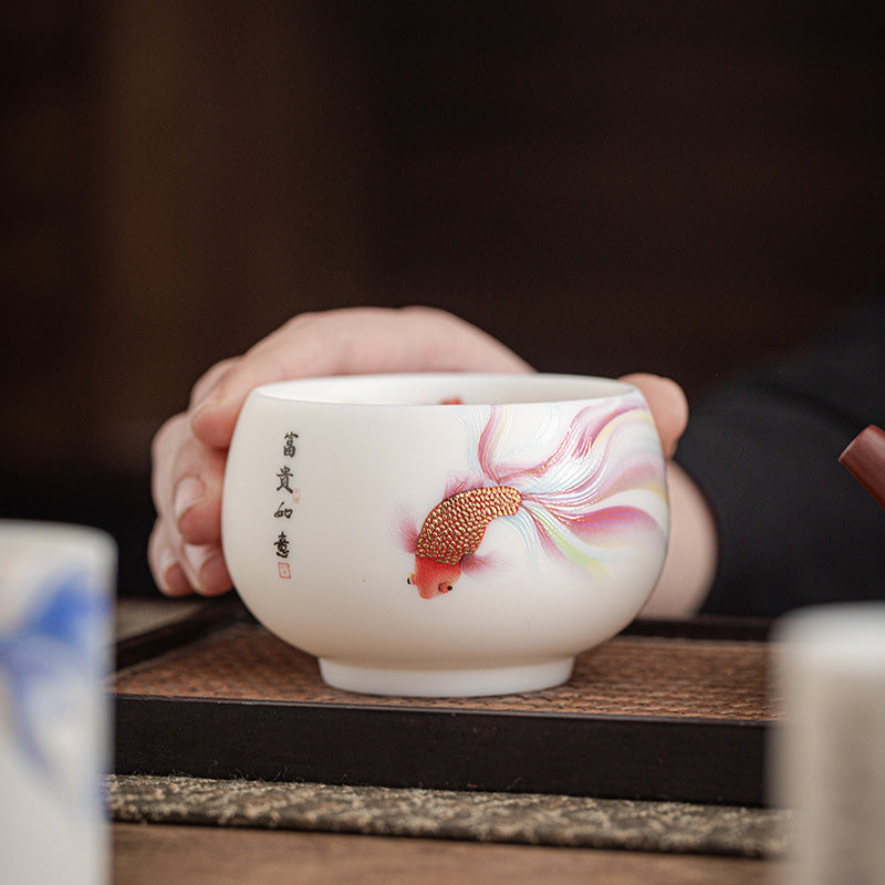 Mythstone Koi Fish White Porcelain Ceramic Teacup Kung Fu Tea Cup