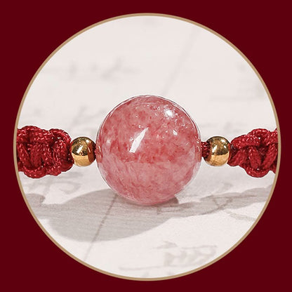 Pulsera tobillera tejida con hilo rojo y cristal de cuarzo fresa natural Mythstone