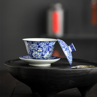 Mythstone Vintage Blue And White Porcelain Ceramic Gaiwan Sancai Teacup Kung Fu Tea Cup And Saucer With Lid