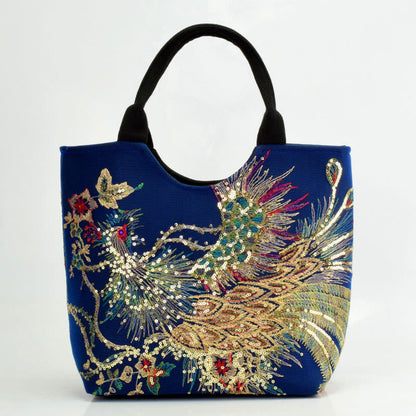 Mythstone Peacock Double-sided Embroidery Tote Bag Shoulder Bag Crossbody Bag