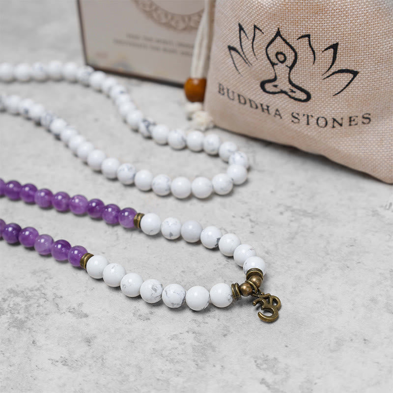 Mythstone 108 Mala Beads Amethyst White Turquoise OM Healing Meditation Energy Bracelet