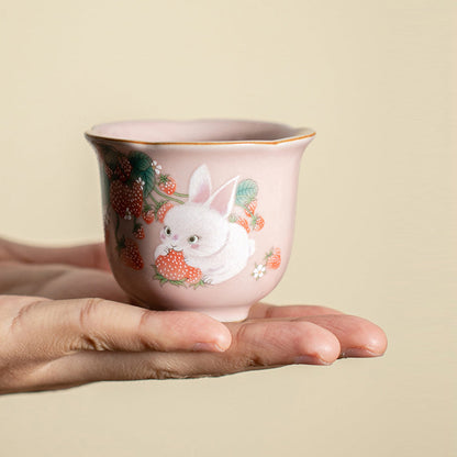 Mythstone Cute Strawberry Rabbit Flower Ceramic Teacup Kung Fu Tea Cup 55ml