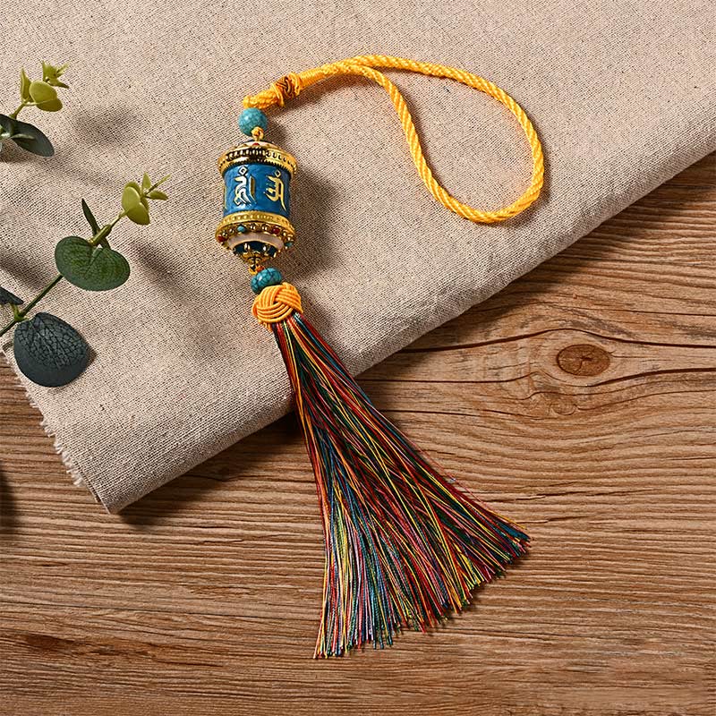 Mythstone Tibet Om Mani Padme Hum Prayer Wheel Colorful Tassels Bag Car Hanging Decoration