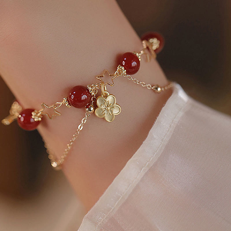 MythStone 14k Gold Plated Red Agate Star Flower Charm Calm Bracelet