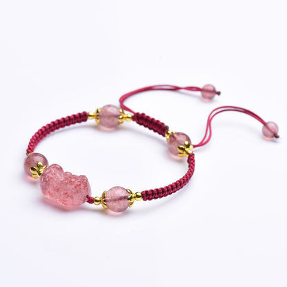 Mythstone Natural Strawberry Crystal Pixiu Charm Lucky Red String Bracelet