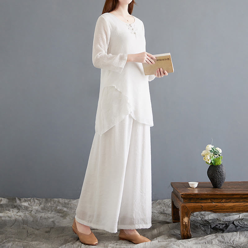 Mythstone 2Pcs Frog-Button Long Sleeve Shirt Wide Leg Pants Meditation Cotton Linen Clothing