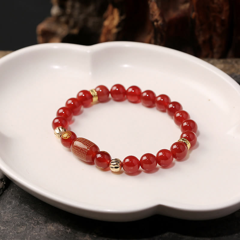 Mythstone Natural Red Agate Green Agate Buddhist Sutras Calm Bracelet