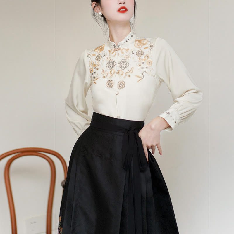 Mythstone Long Sleeve Shirt Embroidery Top Chinese Hanfu Phoenix Horse Face Skirt Mamianqun