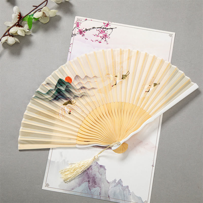 Mythstone Flying White Crane Sun Cloud Handheld Silk Bamboo Folding Fan 22cm