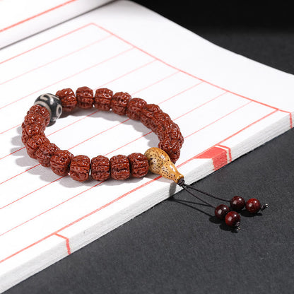 Mythstone Tibet Rudraksha Bodhi Seed Dzi Bead Lucky Cat Dancing Lion Wealth Bracelet Wrist Mala