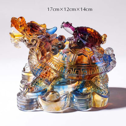 Mythstone Feng Shui Dragon Turtles Handmade Liuli Crystal Art Piece Protection Home Office Decoration