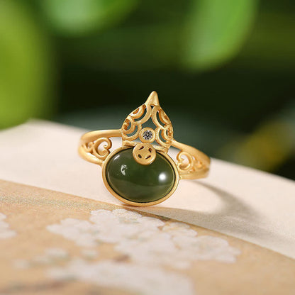 Anillo ajustable con piedra mitológica, calabaza, jade cian, moneda de cobre, suerte y éxito