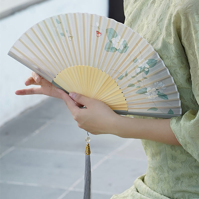 Mythstone Jasmine Flowers Handheld Bamboo Folding Fan