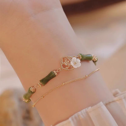 Mythstone 14k Gold Plated Copper Peridot Bamboo Flower Wealth Double Layer Bracelet