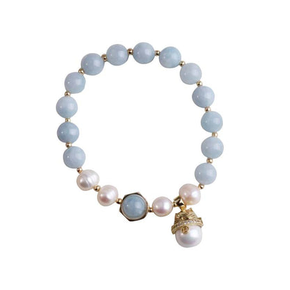 Mythstone Aquamarine Pearl Peace Healing Lucky Cat Charm Bracelet