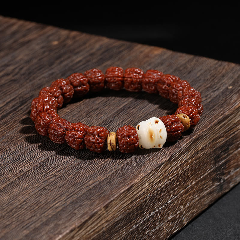 Mythstone Tibet Rudraksha Bodhi Seed Dzi Bead Lucky Cat Dancing Lion Wealth Bracelet Wrist Mala