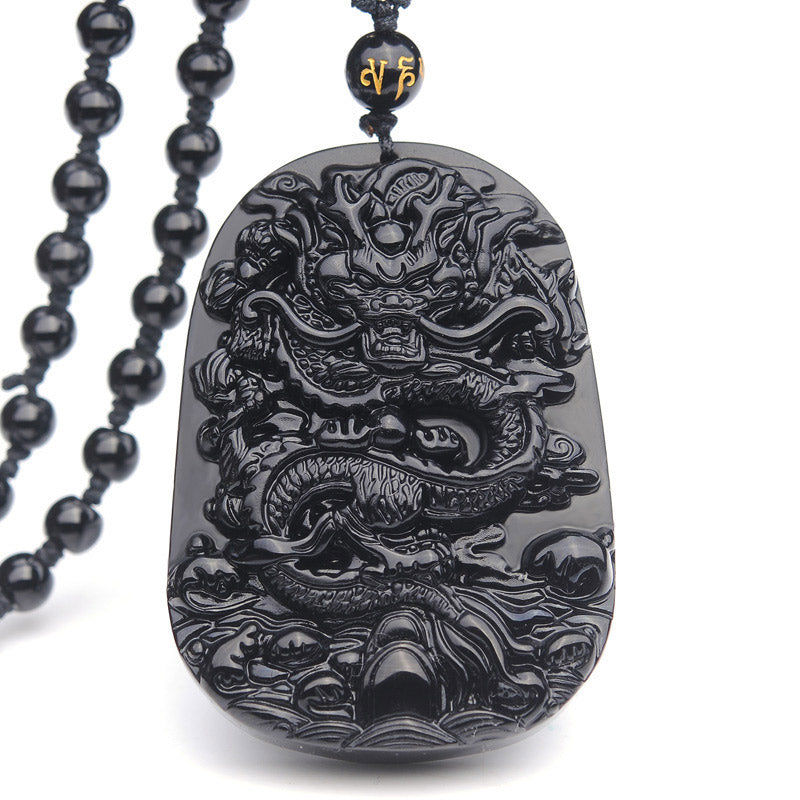 Mythstone Black Obsidian Stone Dragon Fulfilment Pendant Necklace