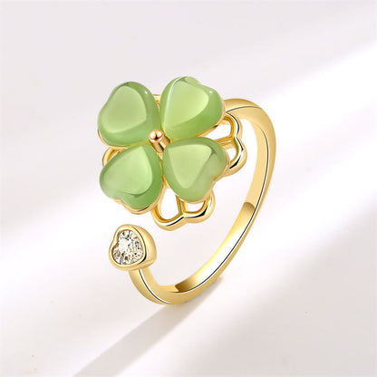 Mythstone Cat's Eye Four Leaf Clover Zircon Love Rotatable Ring