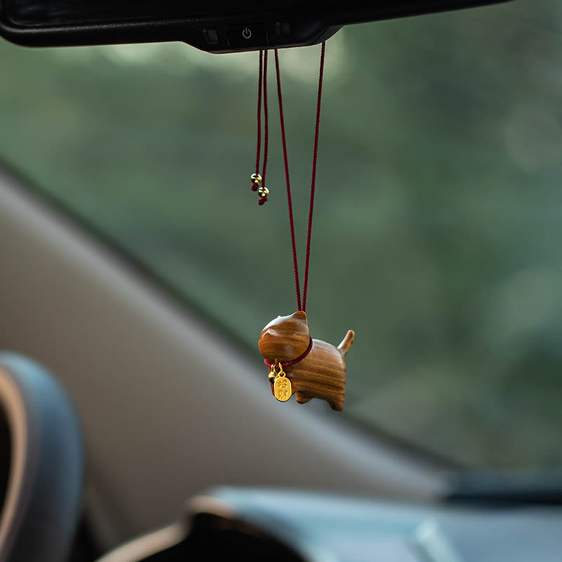 Campana de la suerte con forma de gato de la suerte, madera de ébano y sándalo verde, piedra mitológica, personaje Fu, decoración colgante para coche 