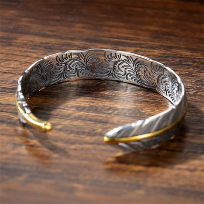 Mythstone Feather Pattern Carved Luck Wealth Cuff Bracelet Bangle