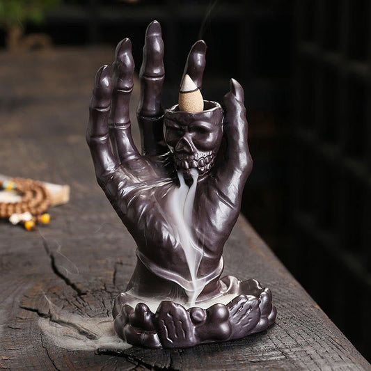 Mythstone Halloween Ghost Hand Skull Head Ceramic Peace Healing Incense Burner Decoration