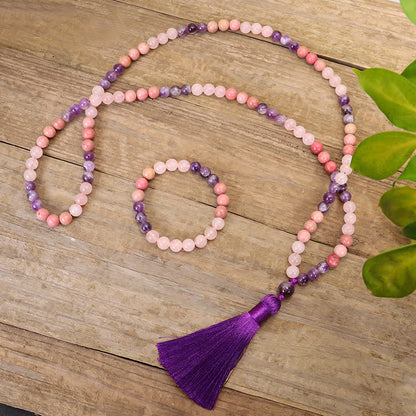 Mythstone 108 Mala Beads Amethyst Rose Quartz Spiritual Healing Tassel Bracelet