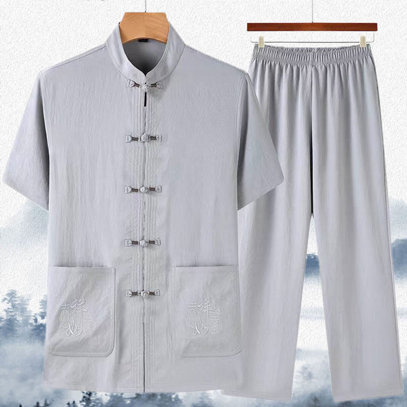 Mythstone Good Luck Character Tang Suit Hanfu Traditional Uniform Short Sleeve Top Pants Clothing Men's Set