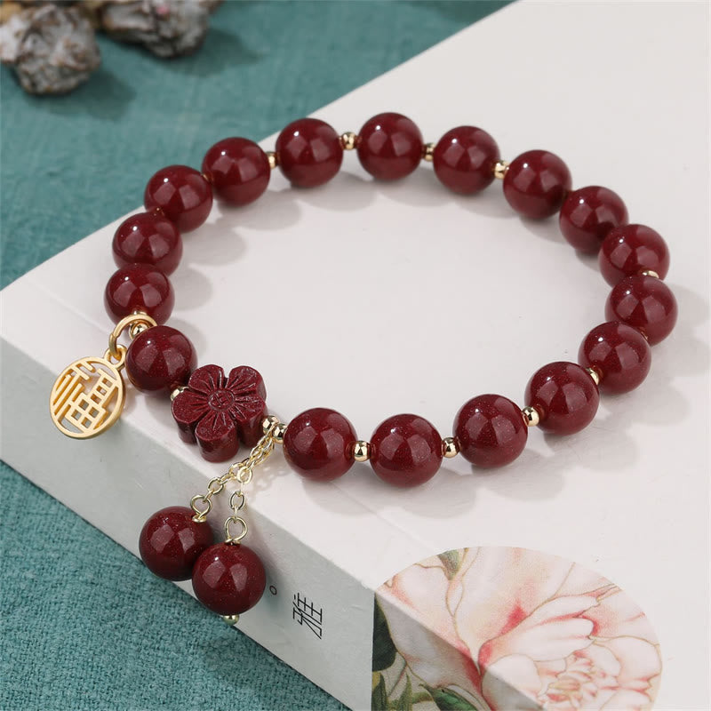 Mythstone Cinnabar Fu Character Cherry Blossom Blessing Bracelet