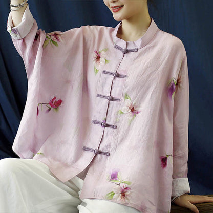 Mythstone Pink Flower Print Frog-button Design Batwing Long Sleeve Ramie Linen Jacket Shirt