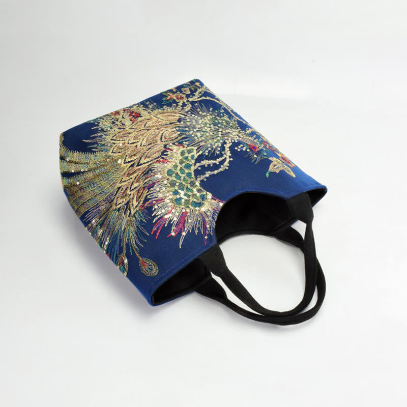 Mythstone Peacock Double-sided Embroidery Tote Bag Shoulder Bag Crossbody Bag