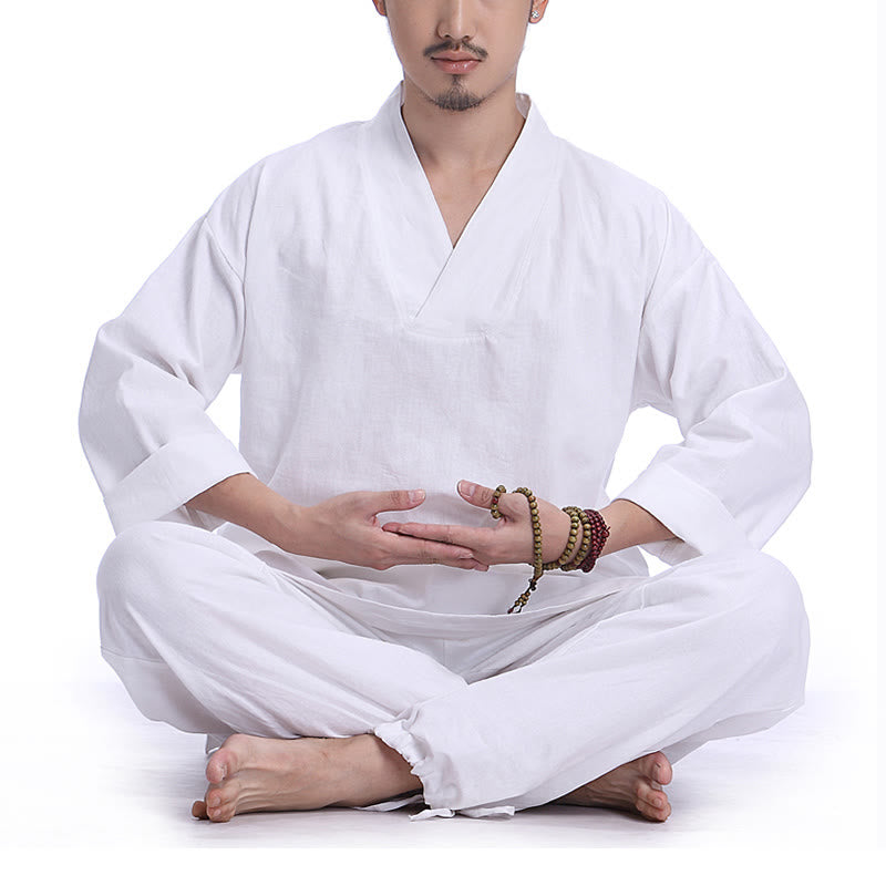 Mythstone Meditation Prayer V-neck Design Cotton Linen Spiritual Zen Practice Yoga Clothing Men's Set