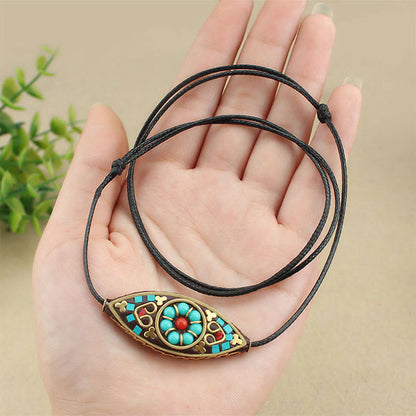 Mythstone Tibet Turquoise Bead Marquise Pattern Protection Strength Necklace Pendant