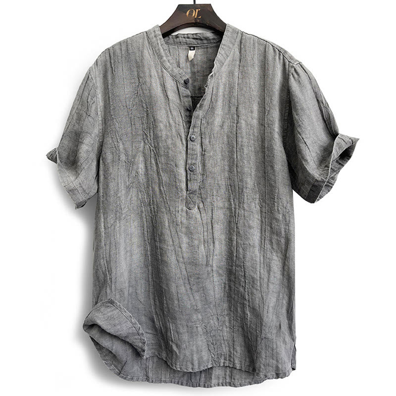 Mythstone Solid Color Short Sleeve Button Shirt Linen Men Clothing