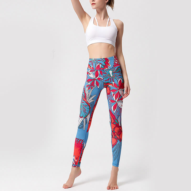 Mythstone Colorful Flower Petal Leaves Print Sports Exercise Fitness High Waist Leggings Women's Yoga Pants